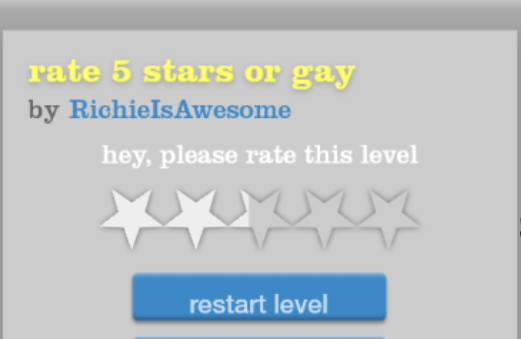 a happy wheels screenshot. a level is called 'rate 5 stars or gay'